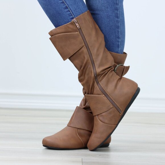 Flat Mid Calf Boots Synthetic Leather Buckles Round Toe Womens Casual Tan - Picture 5 of 16